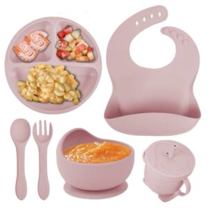 Ensemble d’alimentation en silicone pour bébé – Bavoir, assiette, bol et cuillère