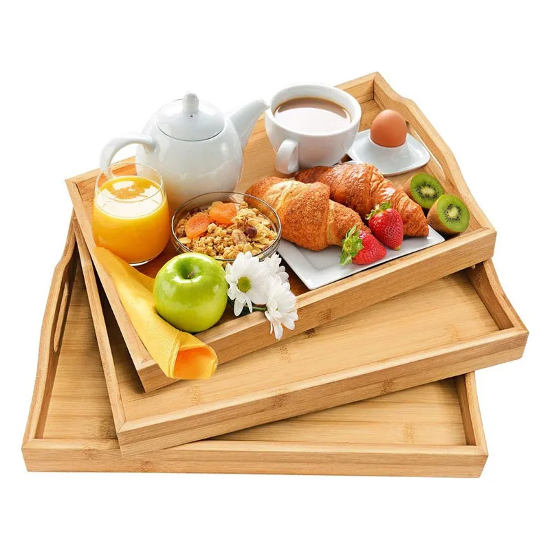 Lot De 3 Plateaux De Service En Bois Sheesham - Déco De Table - Pour Petit-déjeuner, Thé, Apéro - Cadeau Maison