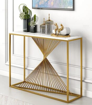 Console d’entrée en fer doré à motif torsadé avec plateau effet marbre blanc