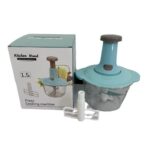 Hachoir manuel à pression 1,5 L bleu avec bol transparent et accessoire fouet