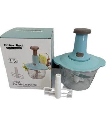 Hachoir manuel à pression 1,5 L bleu avec bol transparent et accessoire fouet