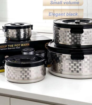 Lot de 4 plats isothermes garde-chaud en inox avec couvercles noirs