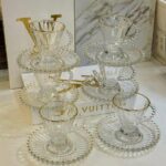 Lot de 6 tasses en verre strié avec sous-tasses et bord doré