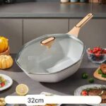 Poêle wok octogonale antiadhésive 32 cm effet granit blanc avec couvercle en verre