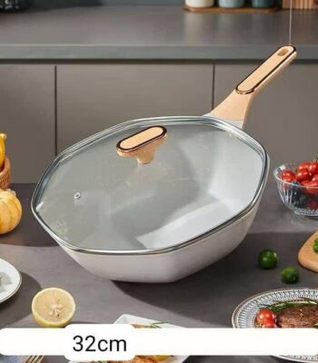 Poêle wok octogonale antiadhésive 32 cm effet granit blanc avec couvercle en verre