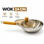 Wok antiadhésif 24 cm avec couvercle en verre et manche effet bois