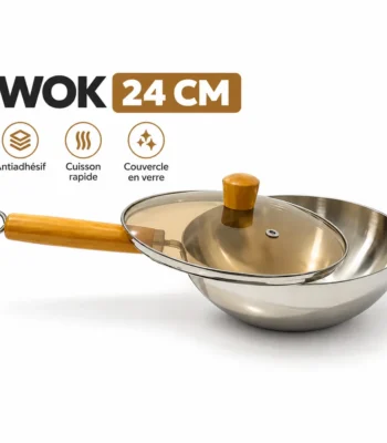 Wok antiadhésif 24 cm avec couvercle en verre et manche effet bois